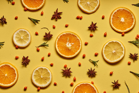 High vitamin C. beautiful Fresh orange and lemon citrus fruit with flowers isolated on yellow...