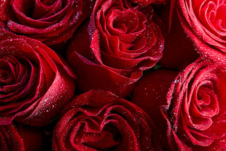 Happy Valentines Day. Greeting card. delicate red rose petals close up with droplets of water. Macro...