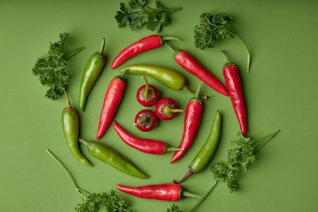 Spicy red hot chilli pepper and greenery on green background. Copy space for text. Top view or flat lay. Group of red peppers isolated on green backgroundの写真素材
