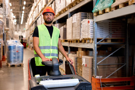 Forklift driver in warehouse. freight transport, Warehouse industrial delivery shipment, young caucasian male pushing transport equipment, dressed in green uniform vest and safety helmetの写真素材