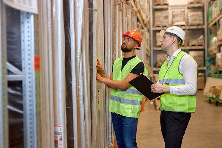 confidentmale warehouse workers in working clothes talking together in warehouse, caucasian men...
