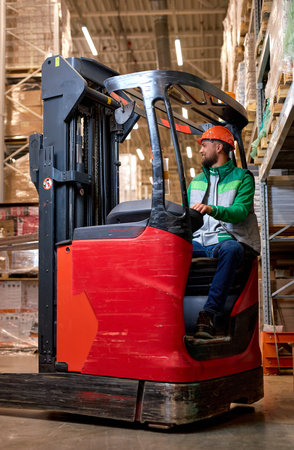 man in protective safety jumpsuit uniform in hardhat at warehouse works with forklift loader. Portrait of professional forklift driver in factorys warehouse. logistics, transportation industrialの写真素材