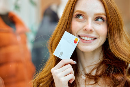 happy charming woman holding a credit card by fingers in hands.close up portrait, shopaholism, shopping addiction.business, how to get cashback ,rewards program for customers, craziness of pricesの写真素材