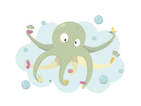 Funny octopulus holding vegetables. Cute sea animal holding dish ingredients. Healthy eating concept. Can be used topics like zoo, cookingのイラスト素材