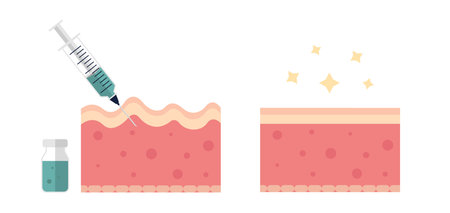 Skin with wrinkles and fine line before and after injection flat illustration. Dermatology, collagen, rejuvination concept. For topics like anti-aging therapy, biorevitalization and mesotherapyのイラスト素材