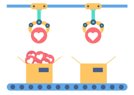 Automatic production line with robotic arms packing likes in boxes. Conveyor, approval, social media, feedback, bot. Blogging concept. Appliances for manufacturing plantsのイラスト素材