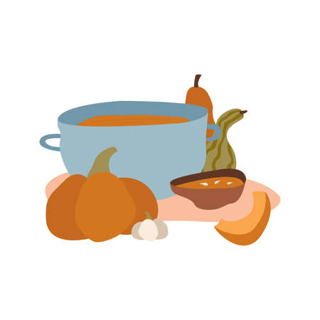 Saucepan and bowl with tasty pumpkin and squash soup. Halloween, fall, Thanksgiving dinner, autumn festival. For topics like pumpkin season, harvest, cookingのイラスト素材