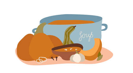 Pumpkin and squash soup. Cooking, fall, ingredients, saucepan. For topics like pumpkin season, harvest, recipeのイラスト素材