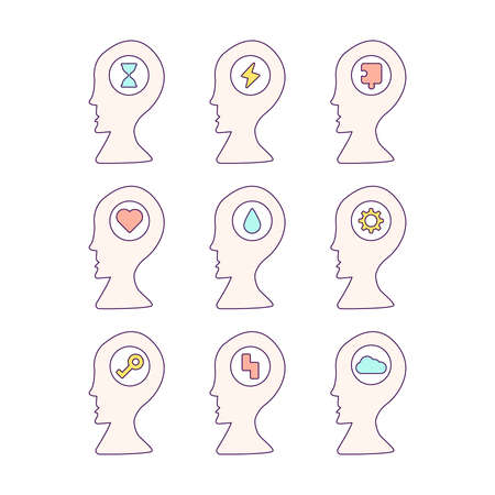 Head profiles with various emotions inside. Pensive, excited, puzzled, in love, crying, confused, lucky, inspired, sad. human feelings and thoughtsのイラスト素材