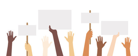 People holding placards, signs and banners on protest demonstration or picket. Society against...