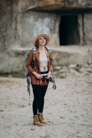 Portrait of happy traveler girl, happiness emotion, autumn holiday conceptの写真素材