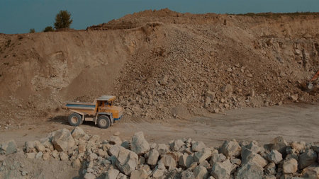 Big Truck Going to Career. Loaded ore Dump Heavy Going For a Career