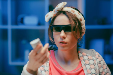 Cheerful woman in 3d glasses eating popcorn. Fun young woman in 3d glasses watching movie film, eat...