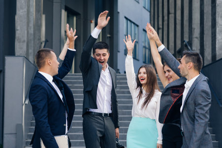 Happy Leader Motivate Diverse Employees Business Team Give Five Together, Office Workers Group and...
