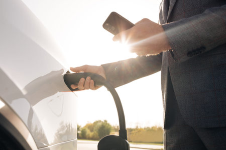 Unrecognizable businessman plugging electric car from charging station. Senior is plugging in power...