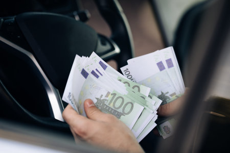 Close up Man hands while counting Euro money bills european economy value. Euro currency exchange....