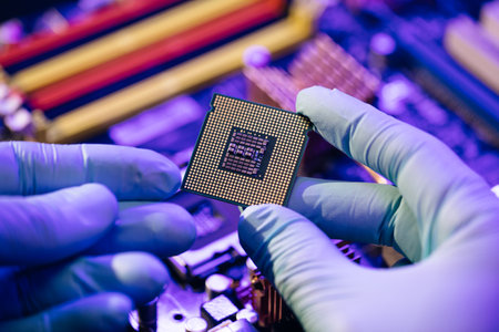 CPU computer processor shallow focus. CPU socket of the computers motherboard. Concept of computer, motherboard, hardware and technology. Laboratory technician holds a powerful processor in his handsの素材 [FY310162589071]