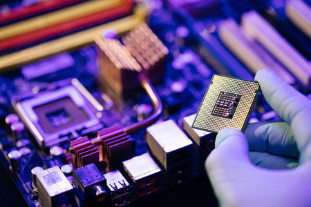 Laboratory technician holds a powerful processor in his hands. CPU computer processor. CPU socket of the computers motherboard. Concept of computer, motherboard, hardware and technology.の写真素材