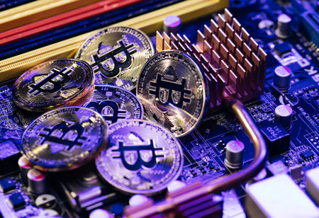 Blockchain technology, bitcoin mining concept. Lot Of Bitcoin Crypto currency Bitcoin BTC Bit Coin. Close up shot of Bitcoin coins isolated on motherboard backgroundの写真素材