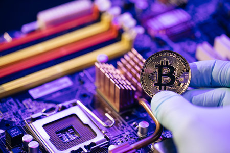 Gold Bitcoin electronic computer processor board. Male man Holding Bitcoin Isolated on motherboard...