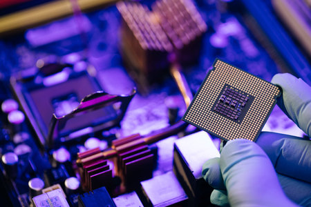 Engineer showing a computer microchip on motherboard background. Electronic circuit board with...