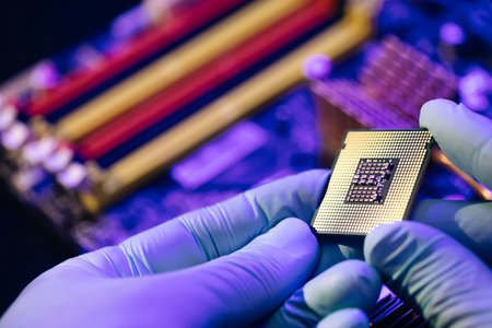 Installation of computer processor in the socket. Microprocessor with clearly visible silicon core and cache chip. Computer support engineer installing processorの写真素材