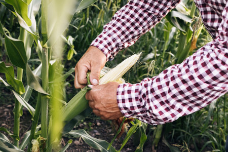 Agriculture Corn Farm Harvest. Golden Corn Growing. Ecological Farmer, Organic Horticulture,...
