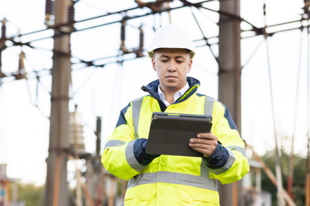 An energy engineer man in special clothes inspects a power line using data from electric sensors on...
