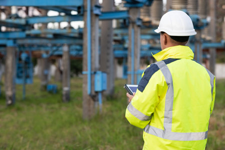 Electrical worker engineer a working with digital tablet, power near tower with electricity. Energy...
