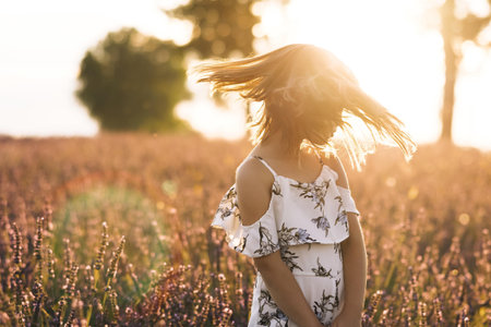 Lavender field, France, Provence, beautiful little girl. Girl in a white dress in a field of lavender. Smiling girl sniffing flowers in a lavender field.の写真素材