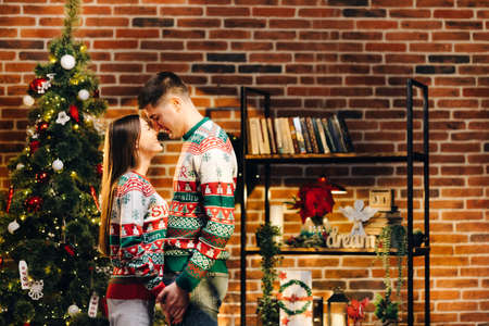 Passionate romantic caucasian couple in sweaters are spending time together before New Year at home. Tender couple hugging on the background of shiny garlandの写真素材
