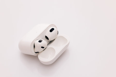 headphones isolated on white background. Wireless earphone with noise cancelling technology....