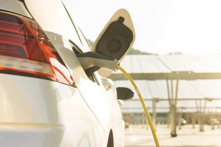 Electric vehicles using renewable energy solar panels on green energy concept on modern city parking...