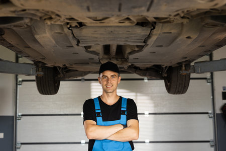 Portrait of mechanic repairing in uniform standing looking camera crossed hands at under lifted car of automobile. Repairing car service conceptの写真素材