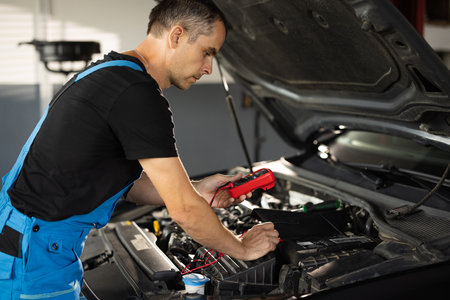 Professional car mechanic check battery voltage with electric multimeter. Automobile diagnosis. Car mechanic repairer looks for engine failure on diagnostics equipment in vehicle service workshopの写真素材