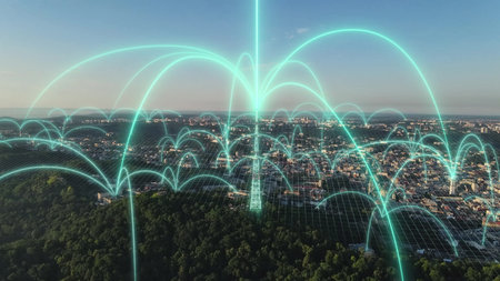 Artificial Intelligence Technology in City. Internet Connection by Satellites. Smart City Hologram...