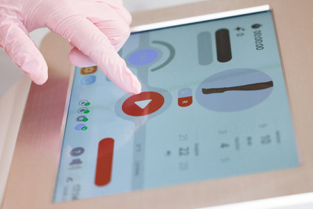 Laser hair removal treatment. Clinic skin care procedure. Medical dermatology equipment. People...