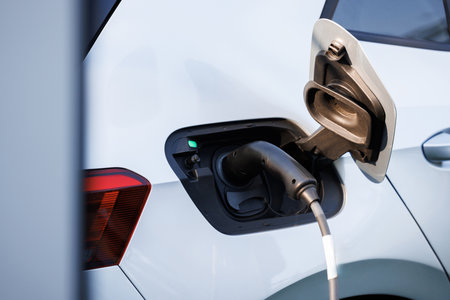 Electric vehicle charging port plugging in EV modern car. Modern electric car charging battery with power cable on parking lot in the city street. Save ecology alternative energy sustainable of futureの写真素材