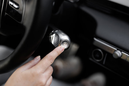 Shifting automatic transmission from P parking mode. Driver In Auto Gear Lever P Mode. The drivers hand moved the gear selector to the Parking mode in the electric carの写真素材