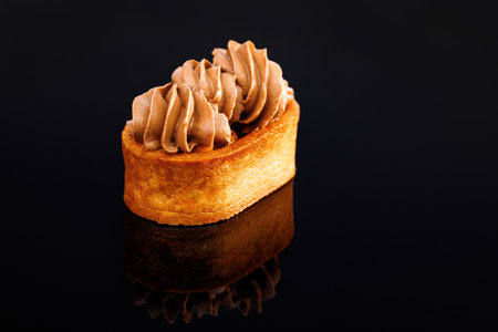 Tartlet with caramelized nuts isolated on black. Tasty dessert. Caramel tartlet, caramelized peanuts, salted caramel, chocolate ganache. Dessert of dough, nut tartlets covered with a layer of caramelの写真素材