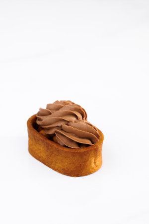 Dessert of dough, nut tartlets covered with a layer of caramel. Caramel tartlet, caramelized peanuts, salted caramel, chocolate ganache. Ideal for gourmet dessert lovers.の写真素材