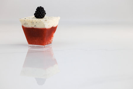 Famous french dessert. Verin mojito vanilla sponge cake, strawberry kulie, mint-lime ganache. Tasty sweet dessert. Ideal for gourmet dessert loversの写真素材