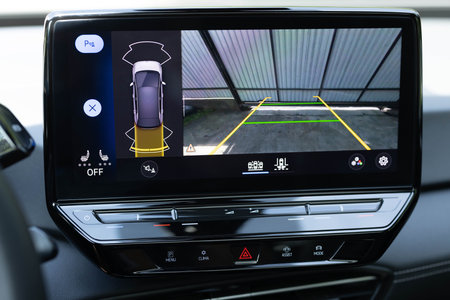 Rear View Monitor for car reverse system. Car display and rear view camera. Parking assistant inside...