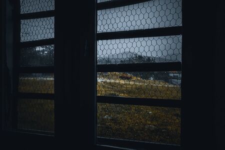 window raindrop and wire meshのeditorial素材