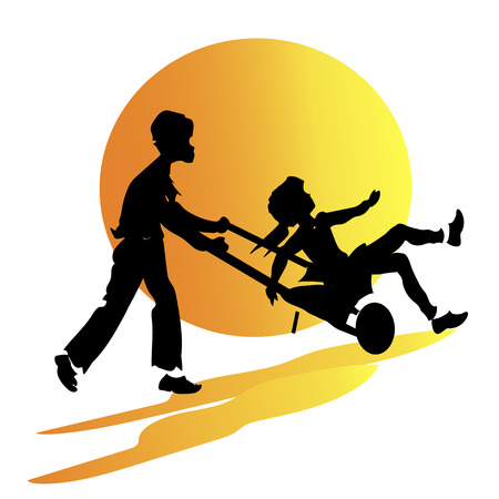 Silhouettes of boy and girl in the garden.のイラスト素材