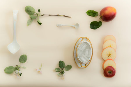 apple, apple-tree branch, flowers, old gravy boat and ice on a white backgroundの写真素材