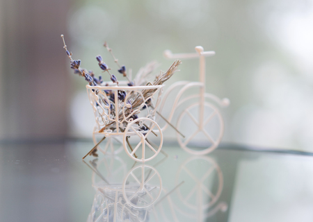 decorative bike with a sprig of lavender on a glass tableの写真素材