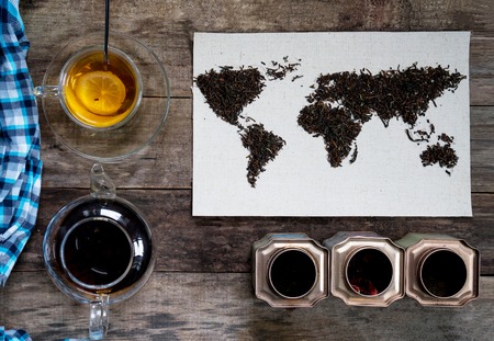 map of the world, lined with tea leaves on old paper. Eurasia, America, Australia, Africa.の写真素材