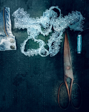 vintage. old scissors, jeans lace thread buttons