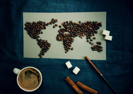 world map of coffee beans. trade and globalization.の写真素材